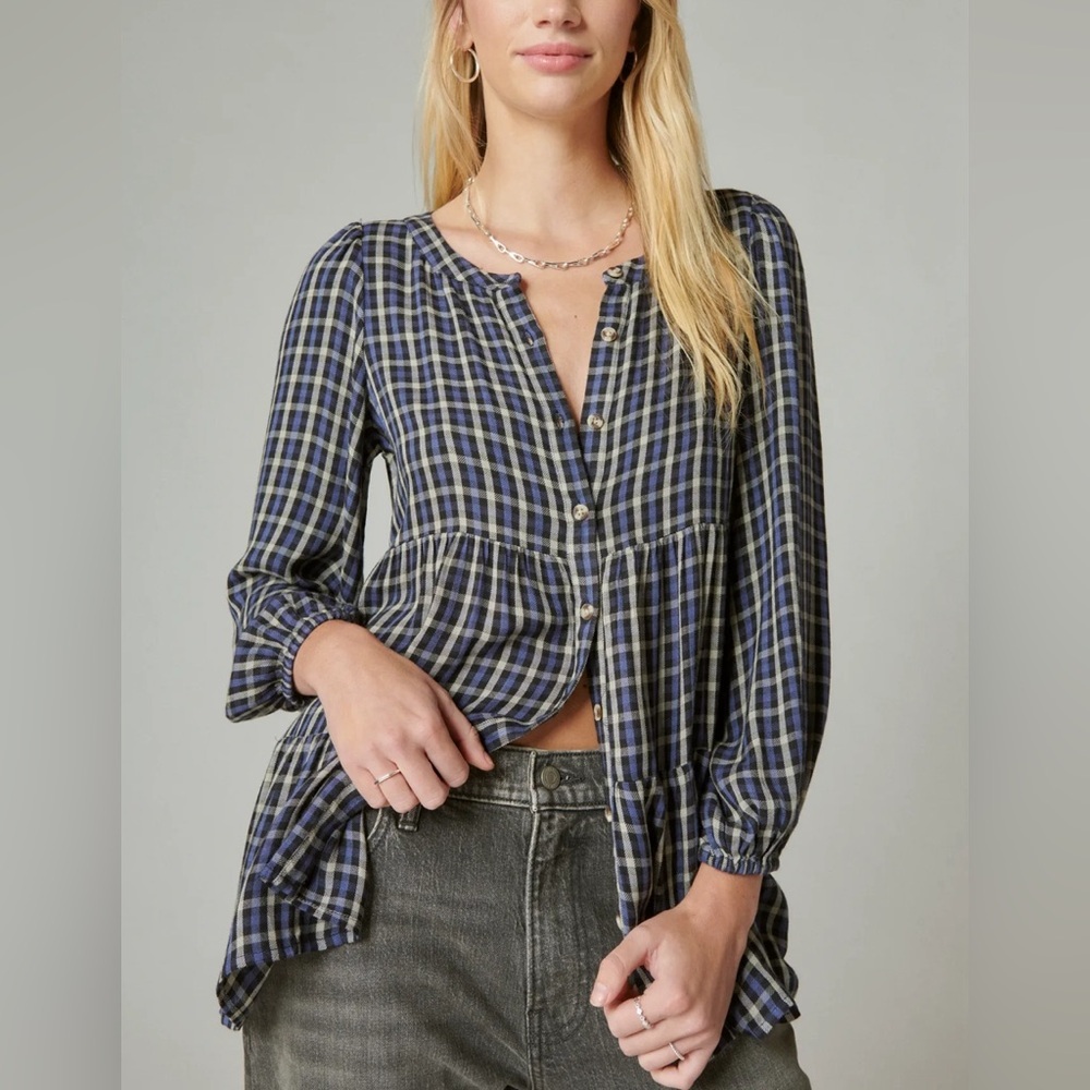 Lucky Brand Plaid Tiered Peasant Tunic Top Blue Black Check Boho Western Folk L